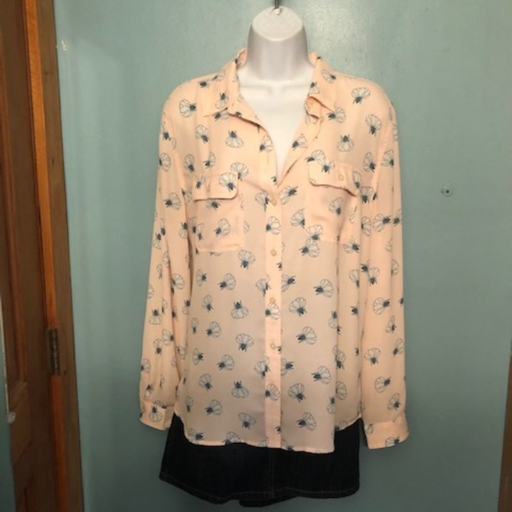 Loft, Soft Peach Floral, Button-Down Blouse, Sz L